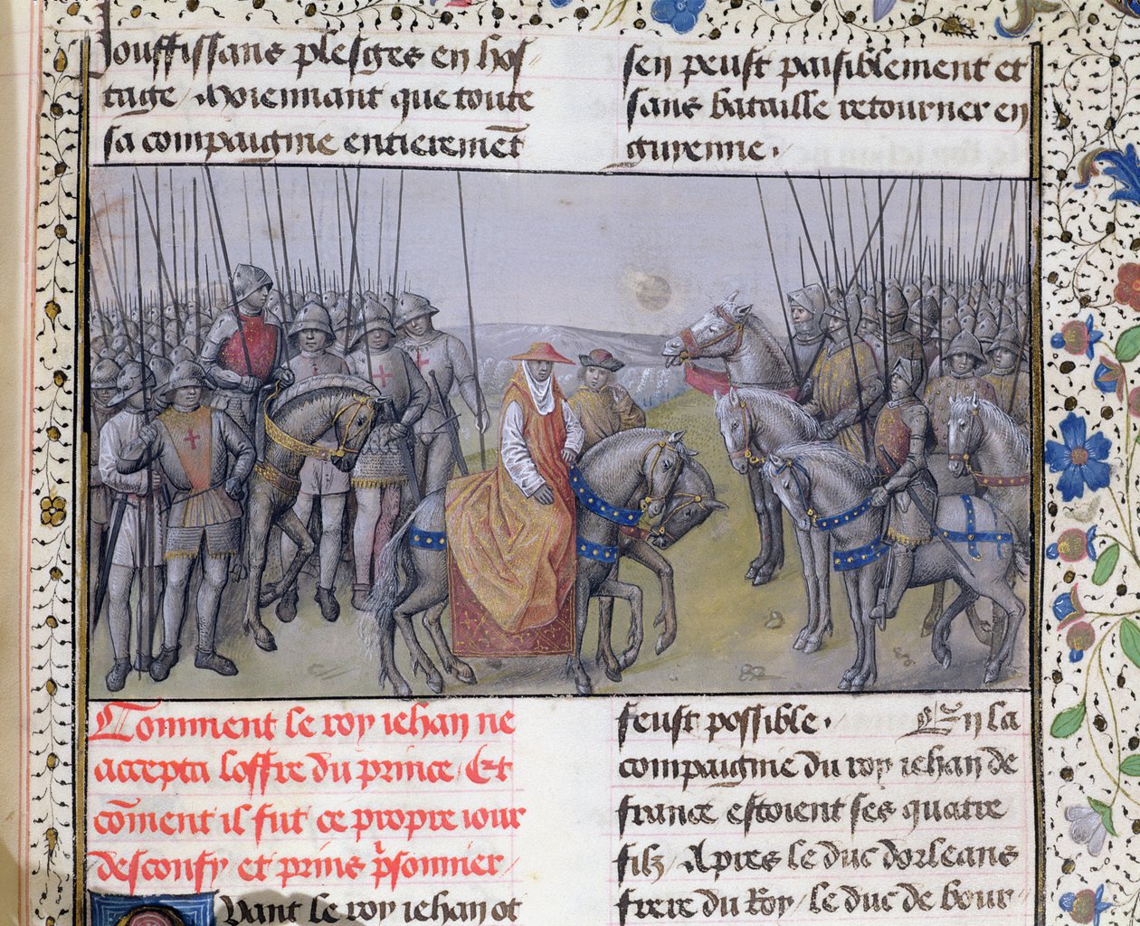 Ms 659 f.267 r. Johannes II den gode togs till fånga av engelsmännen i slaget vid Poitiers, 1356 av Master of Mary of Burgundy