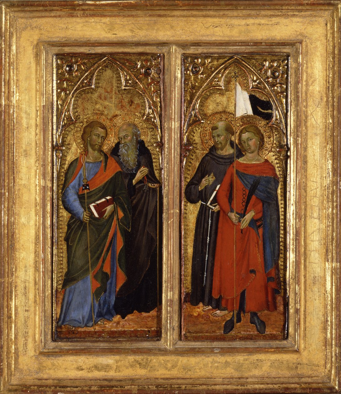 Saints James, Anthony Abbot, Francis och Ansanus, ca 1385-90 (tempera på panel) av Master of Panzano