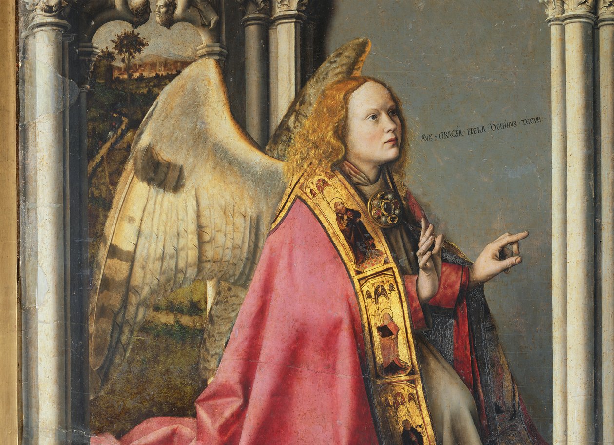 Ängeln, Gabriel, gör bebådelsen till Jungfru Maria, ca 1445 (detalj av 26541) av Master of the Aix Annunciation