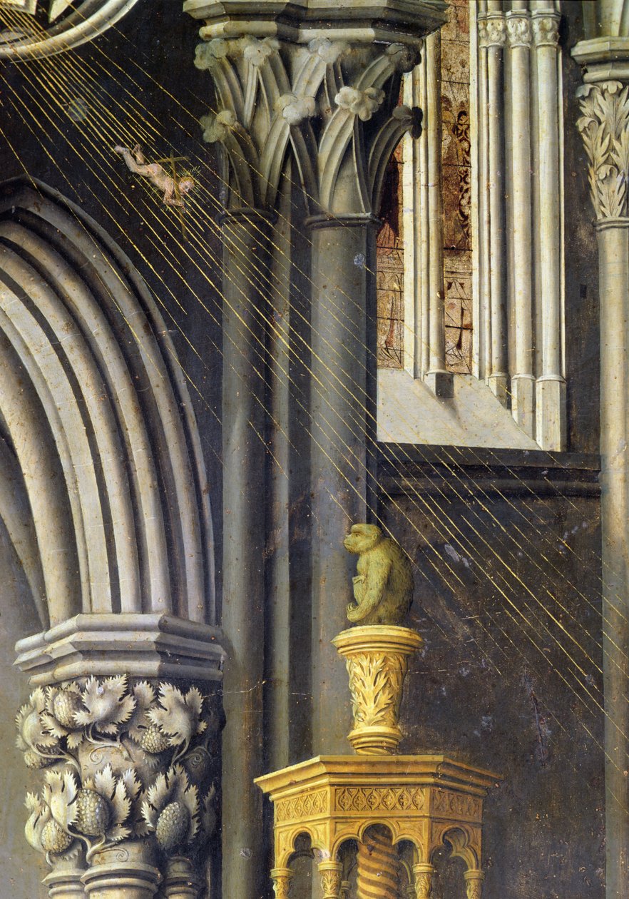 Jesusbarnet faller från Gud Fadern i himlen i en ljusstråle. c.1445 av Master of the Aix Annunciation