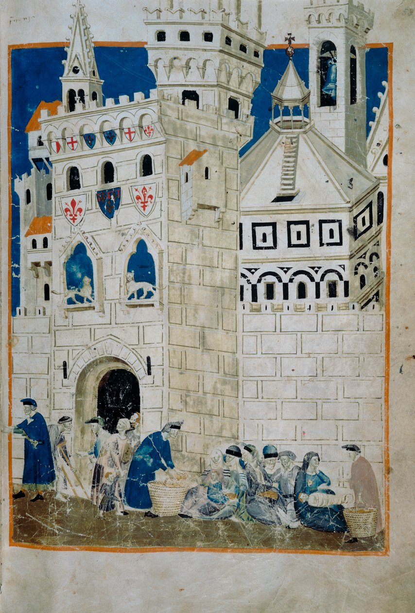 De fattiga i Siena välkomnade till Florens (Codice Tempi 3, ca 58), miniatyr från Biadaiolo Codex av Master of the Biadaiolo Codex Master of the Biadaiolo Codex