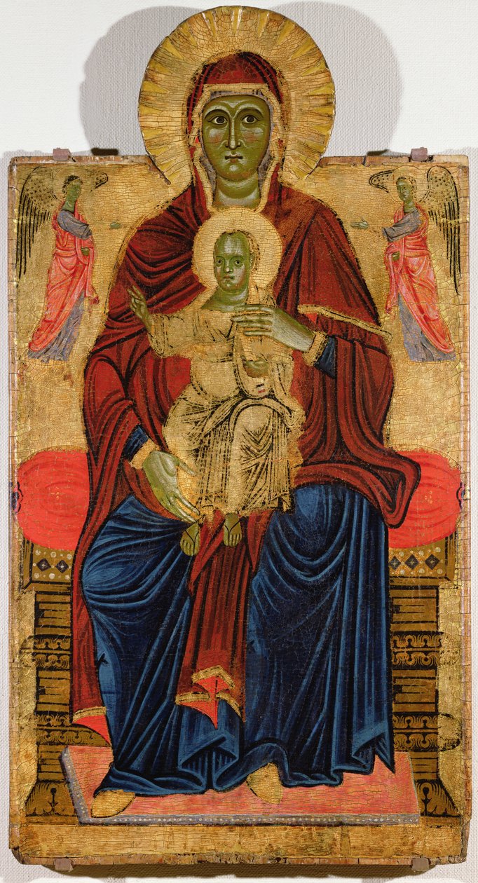 Madonna Enthroned (olja på duk på panel) av Master of the Bigallo Crucifix