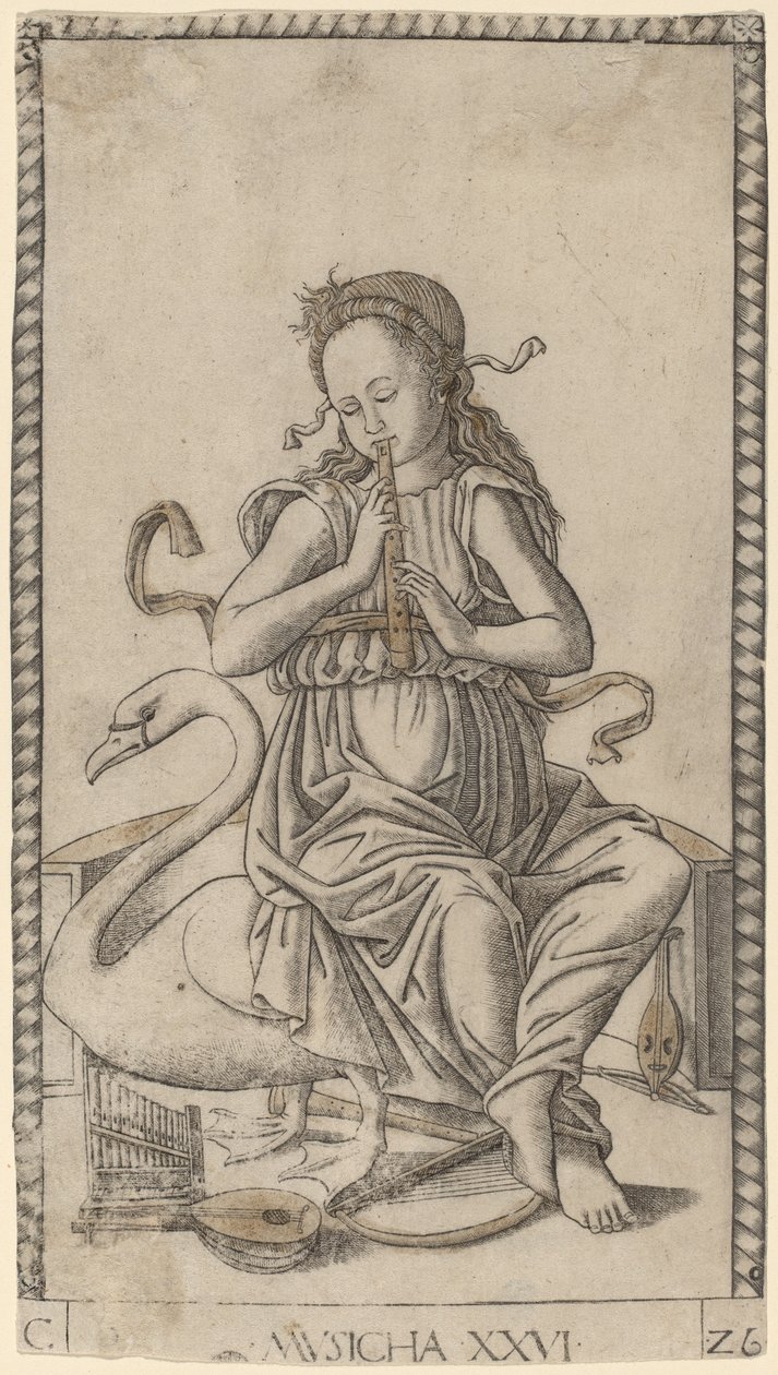 Musicha (Musik) c.1465 (gravyr med förgyllning) av Master of the E Series Tarocchi