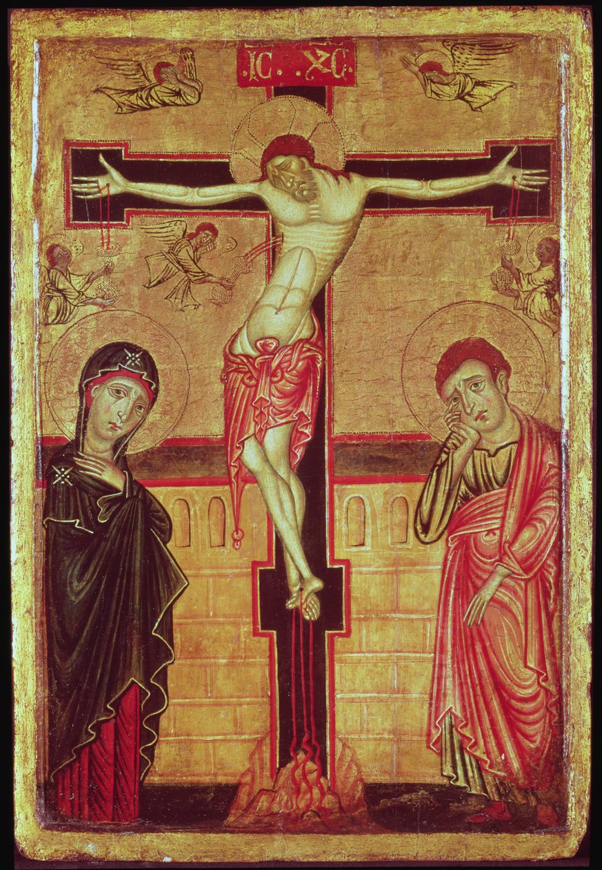 Kristus på korset, med Jungfru Maria, Johannes evangelisten och fem änglar (tempera på panel) av Master of the Magdalene Altarpiece
