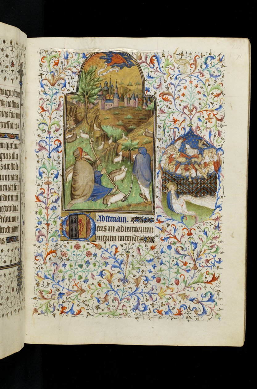 MS 62 f.71r Tierce of the Virgin: Ängel som visar sig för herdarna, från en timbok av Master of the Rohan Hours