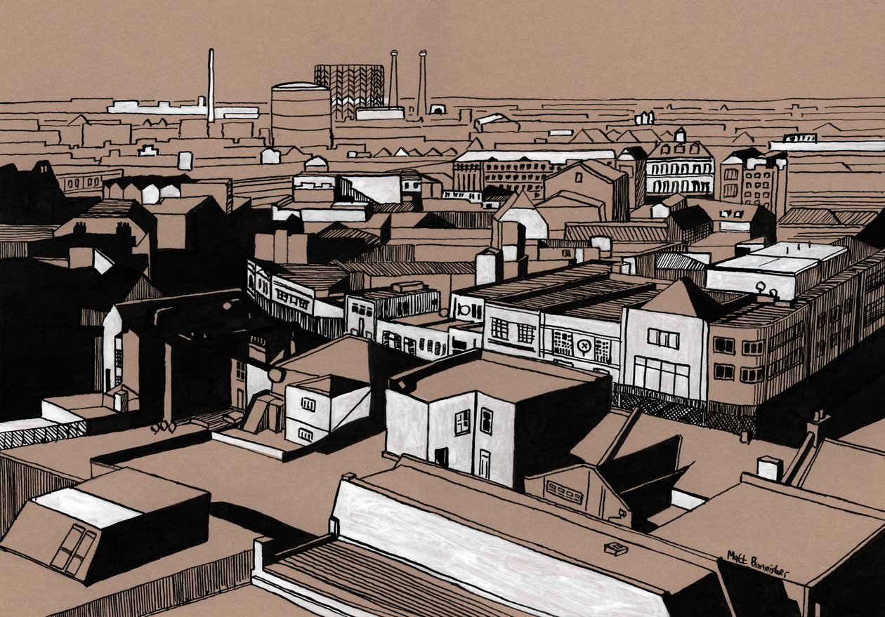 Croydon View, 2016 (akrylfärg på kartong) av Matt Bannister