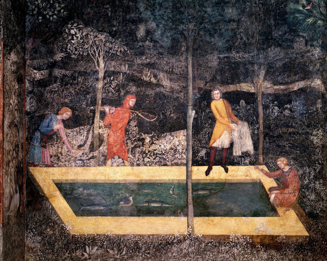 Scen för fiske nära en brunn. (Fresk av Matteo Giovanetti