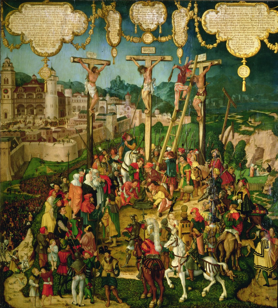 Korsfästelse, mittpanel på Mompelgarter-altartavlan (panel) av Matthias Gerung or Gerou