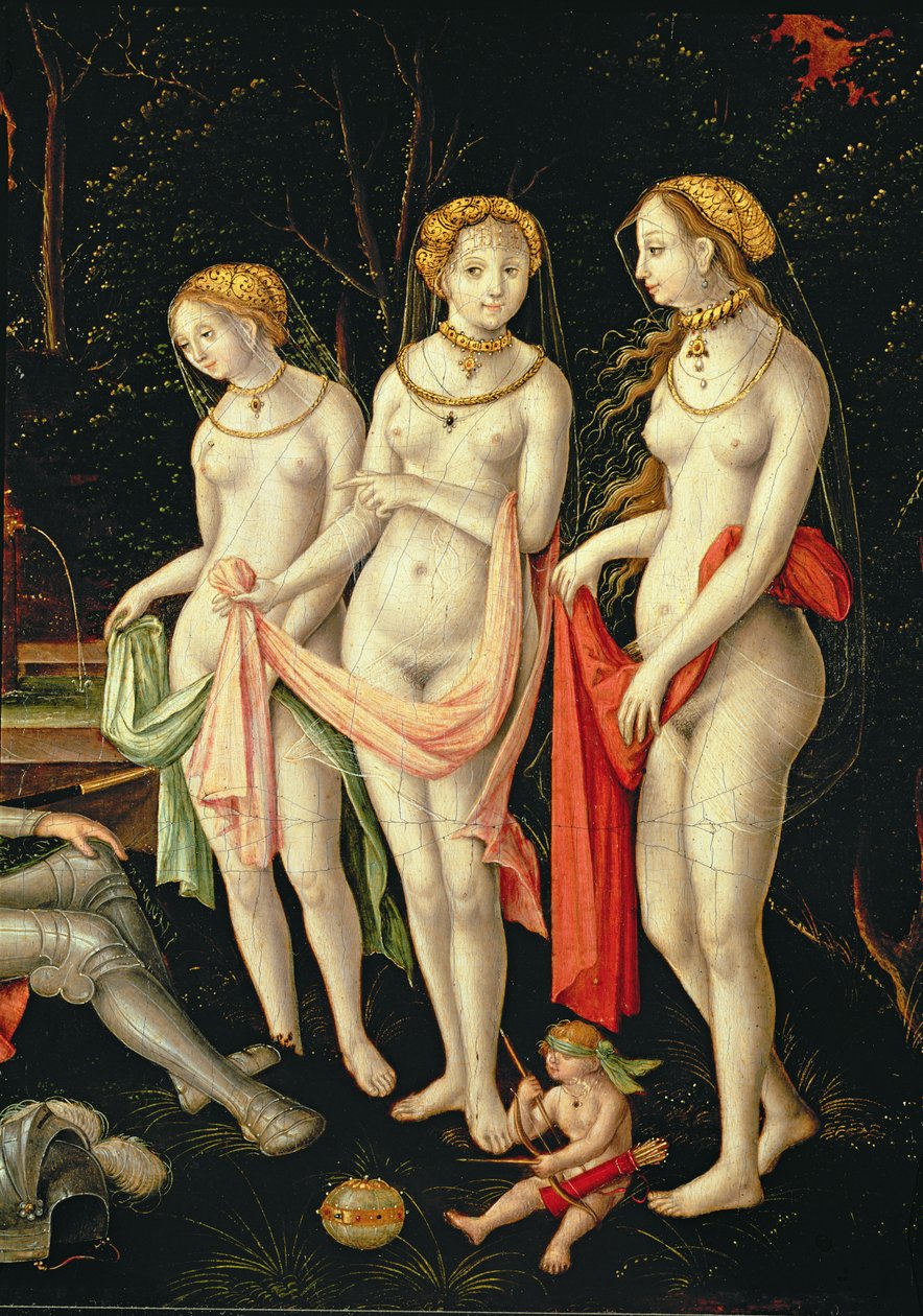 Förstörelsen av Troja och domen över Paris, detalj föreställande Artemis, Hera och Afrodite, 1540 av Matthias Gerung or Gerou