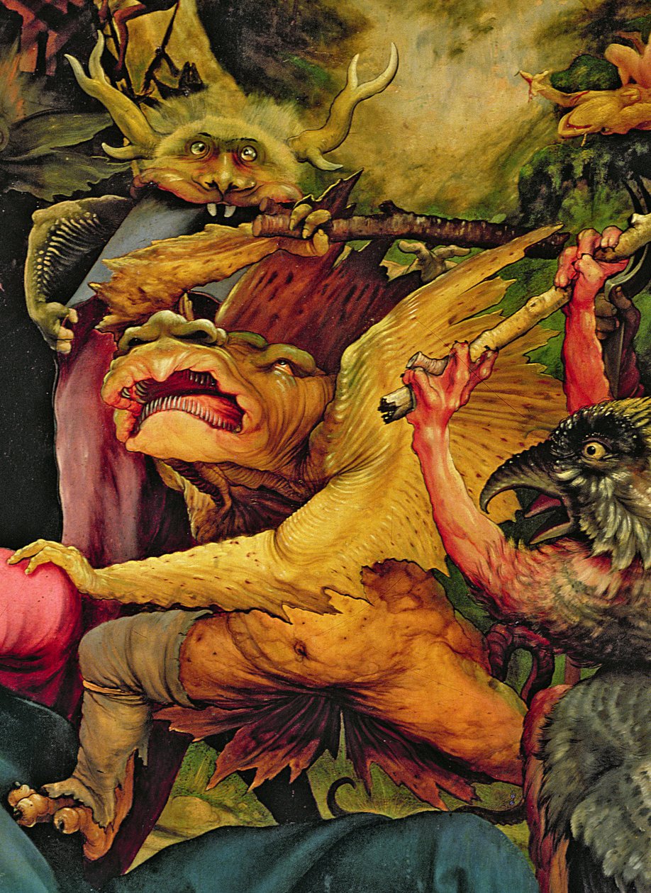 Demoner beväpnade med pinnar, detalj från baksidan av Isenheim-altartavlan (se även 17680) av Matthias Grünewald