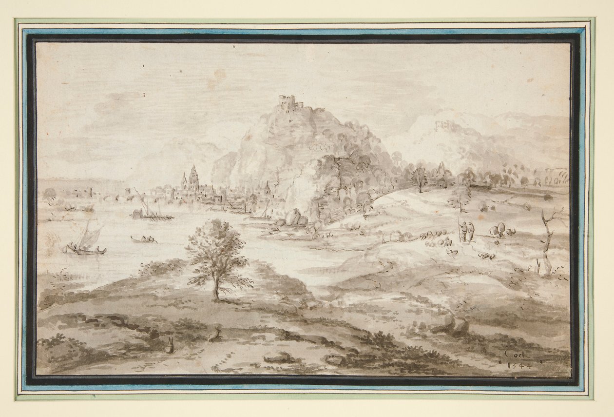 Bergigt landskap med hamn och stad av Matthys Cock
