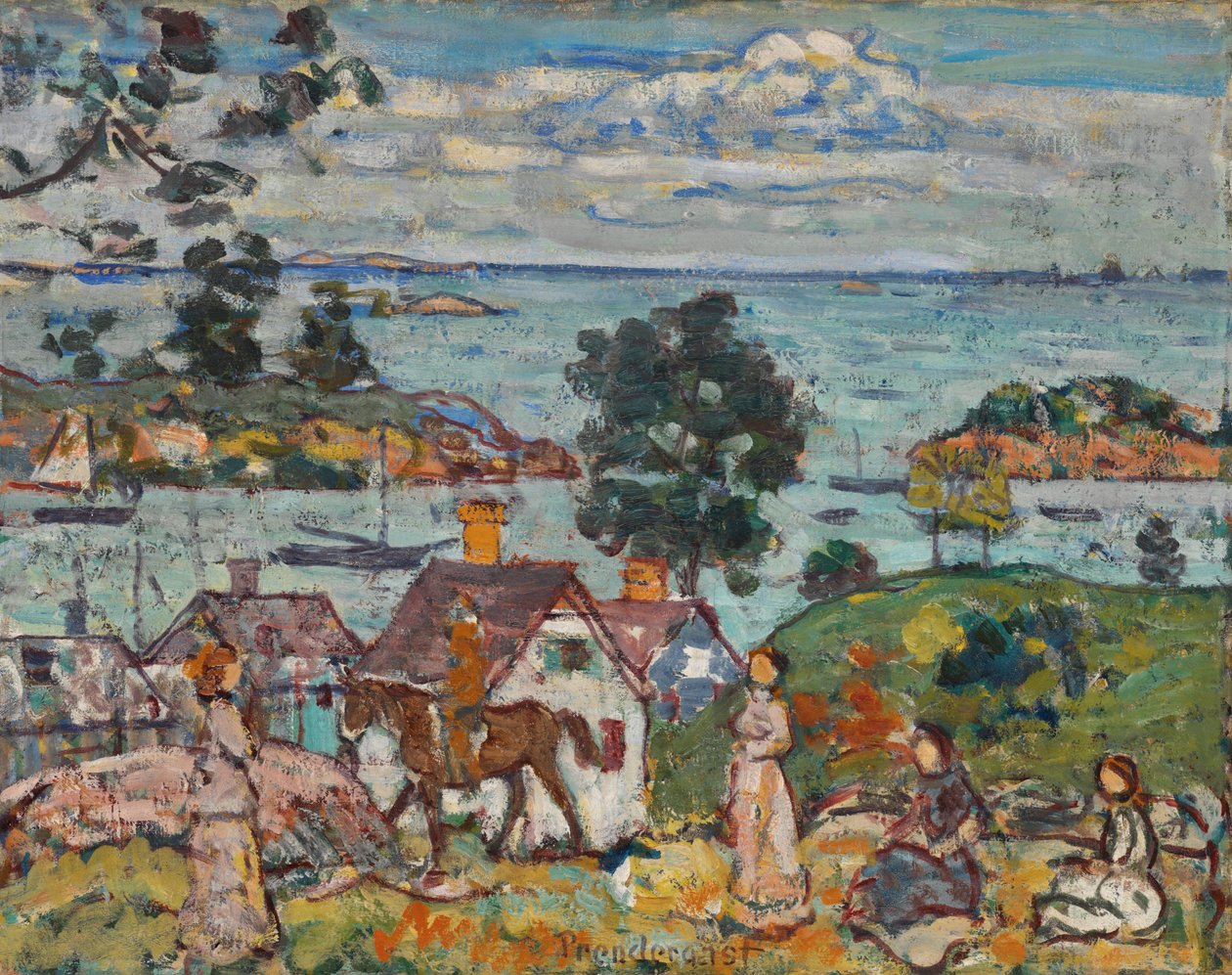 Vatteninlopp och hus, Glouster Harbor, 1916-18 av Maurice Brazil Prendergast