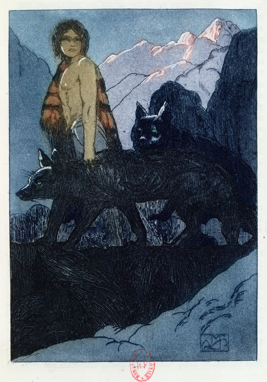 Mowgli och vargarna, illustration från "Djungelboken" av Rudyard Kipling (1865-1936) publicerad i Paris, 1930 av Maurice de Becque