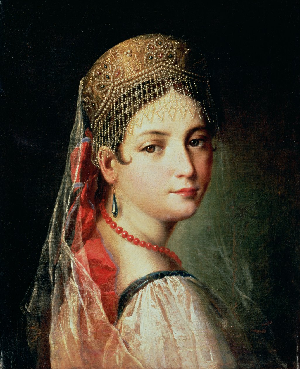 Porträtt av en ung flicka i Sarafan och Kokoshnik, 1820-talet av Mauro Gandolfi