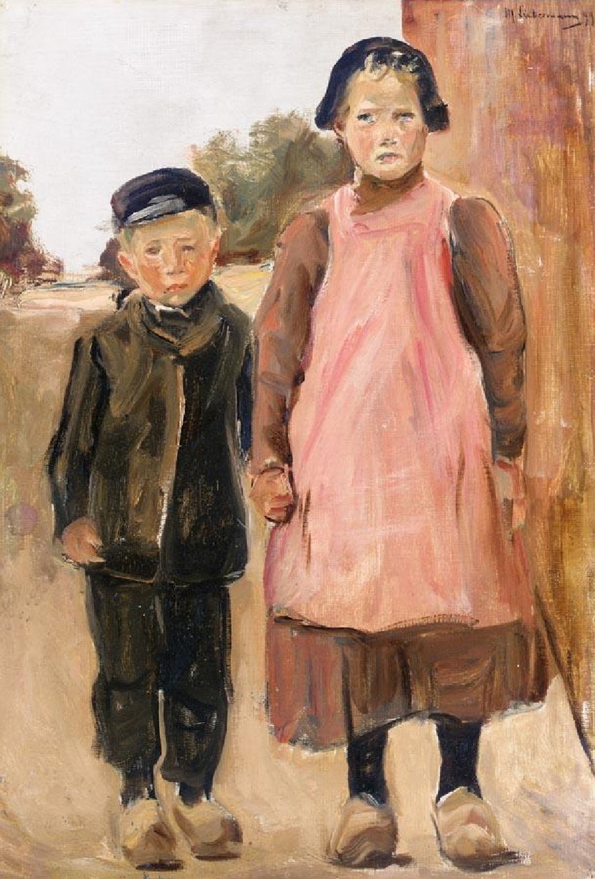 Junge und Mädchen auf der Dorfstraße av Max Liebermann