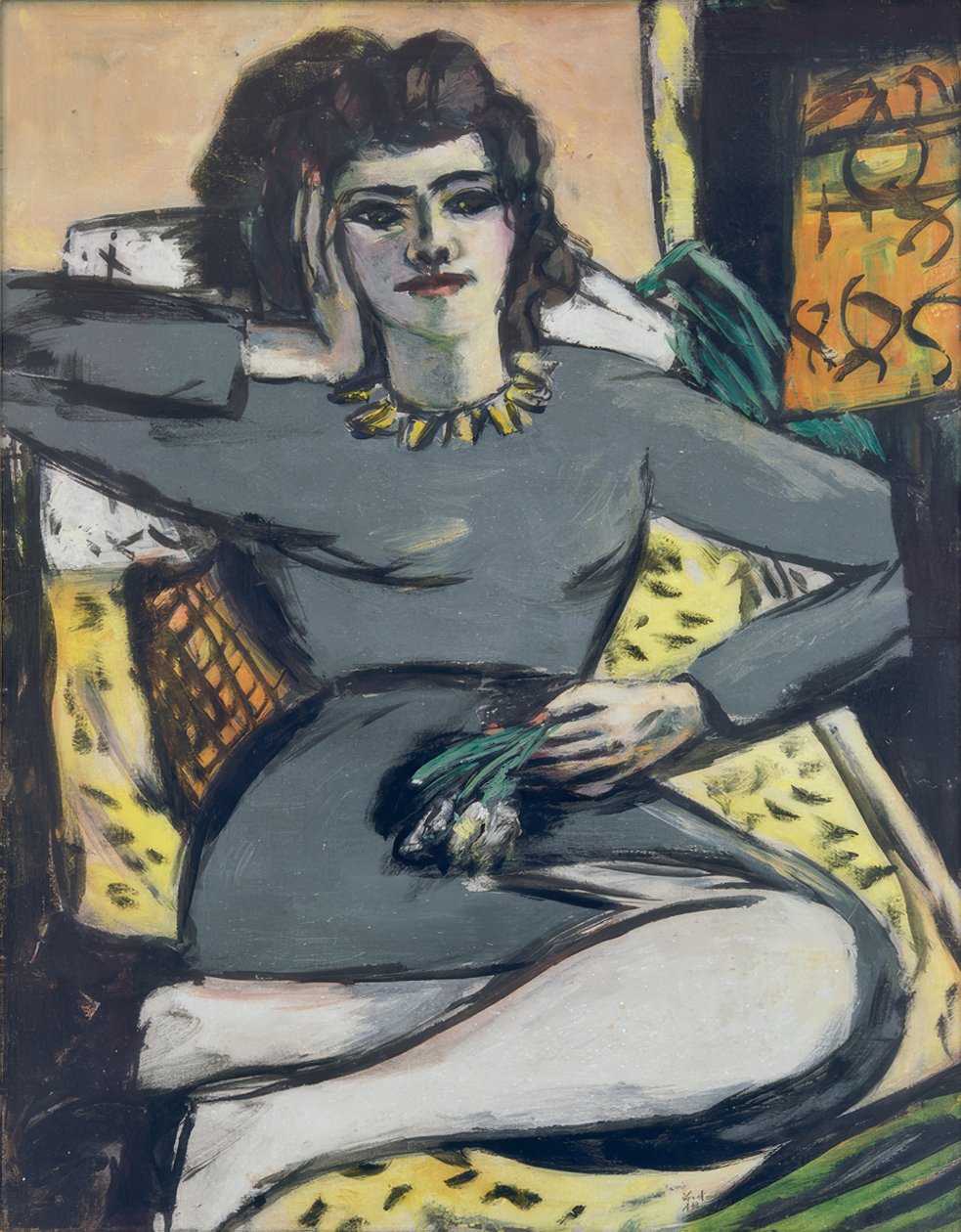Vilande kvinna med nejlikor, porträtt Quappi av Max Beckmann