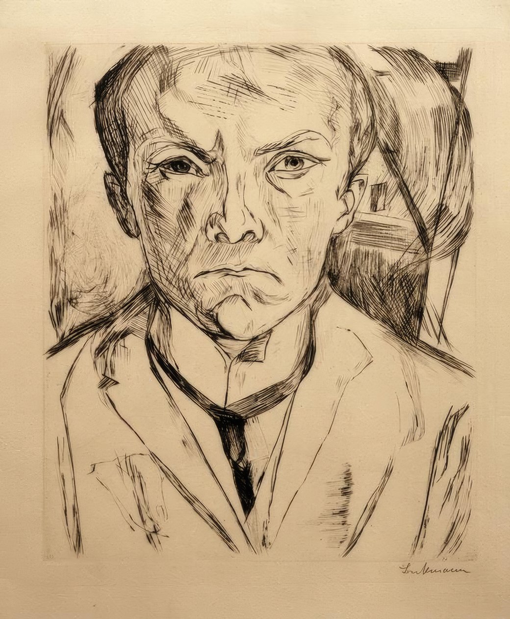 Självporträtt framifrån, husgavel i bakgrunden av Max Beckmann