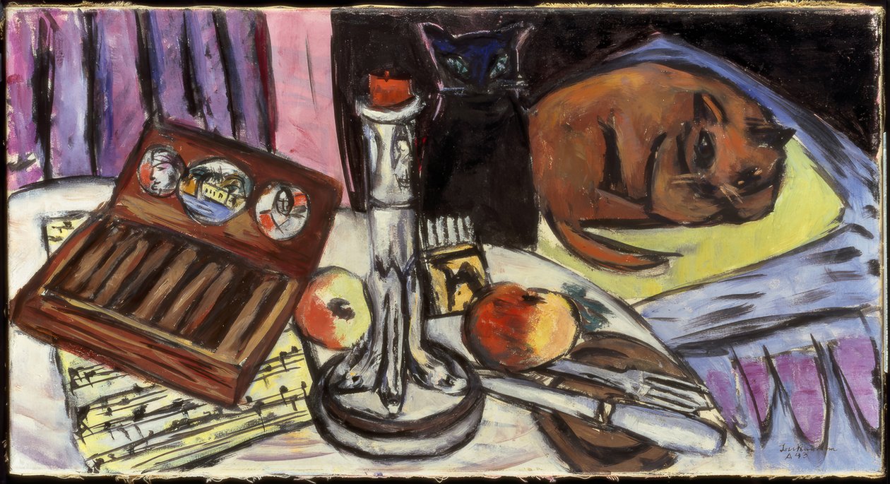 Stilleben med en silverljusstake (stilleben med katter) av Max Beckmann