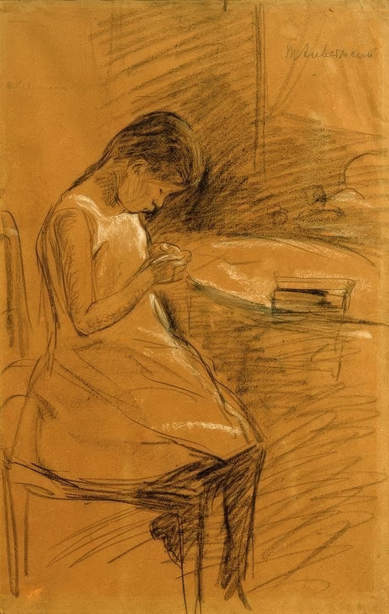 Konstnärens dotter som syr av Max Liebermann