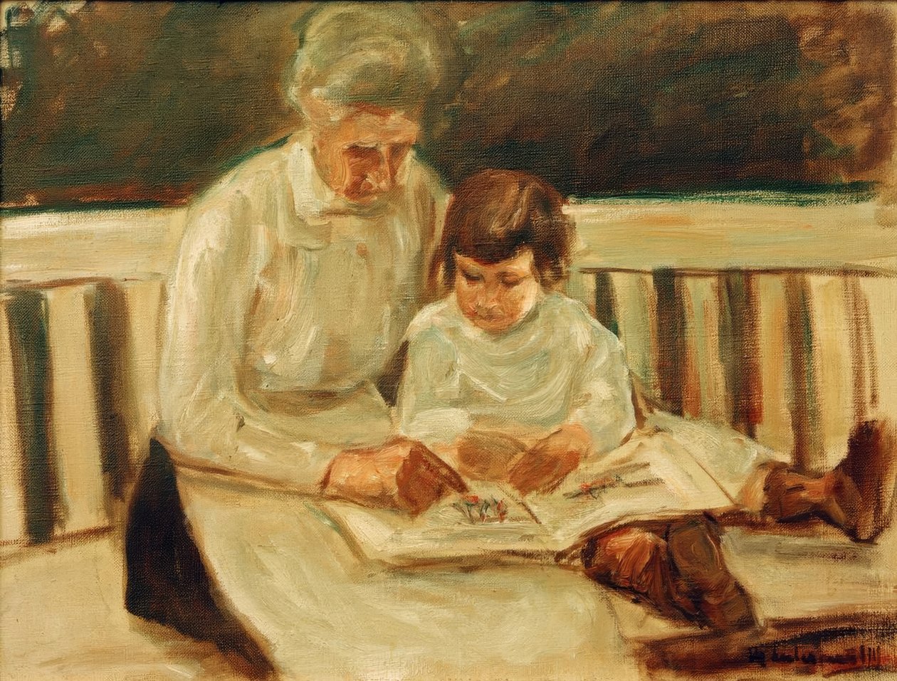 Barnbarn och barnskötare på trädgårdsbänken av Max Liebermann