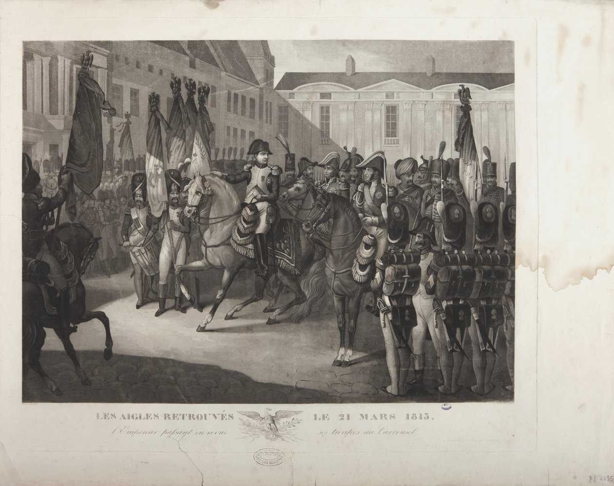 Kejsaren granskar sina trupper vid karusellen den 21 mars 1815, graverad av Moreau. av Maximilien Pierre Kepfer