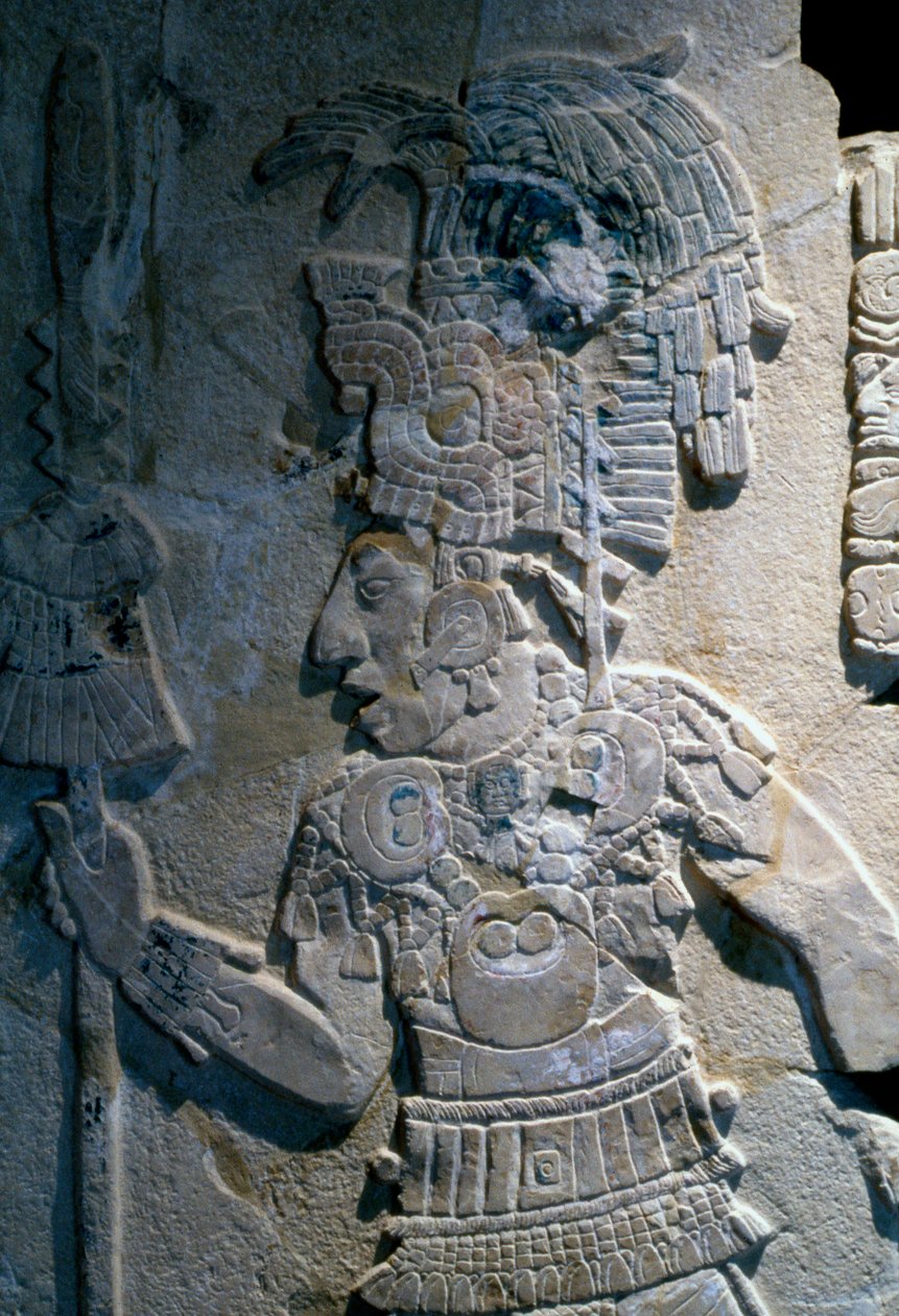 Låg relief som visar Kan Bahlam II:s erövring av Bolon Yoop, från tempel XVII, Palenque, 695 e.Kr. av Mayan