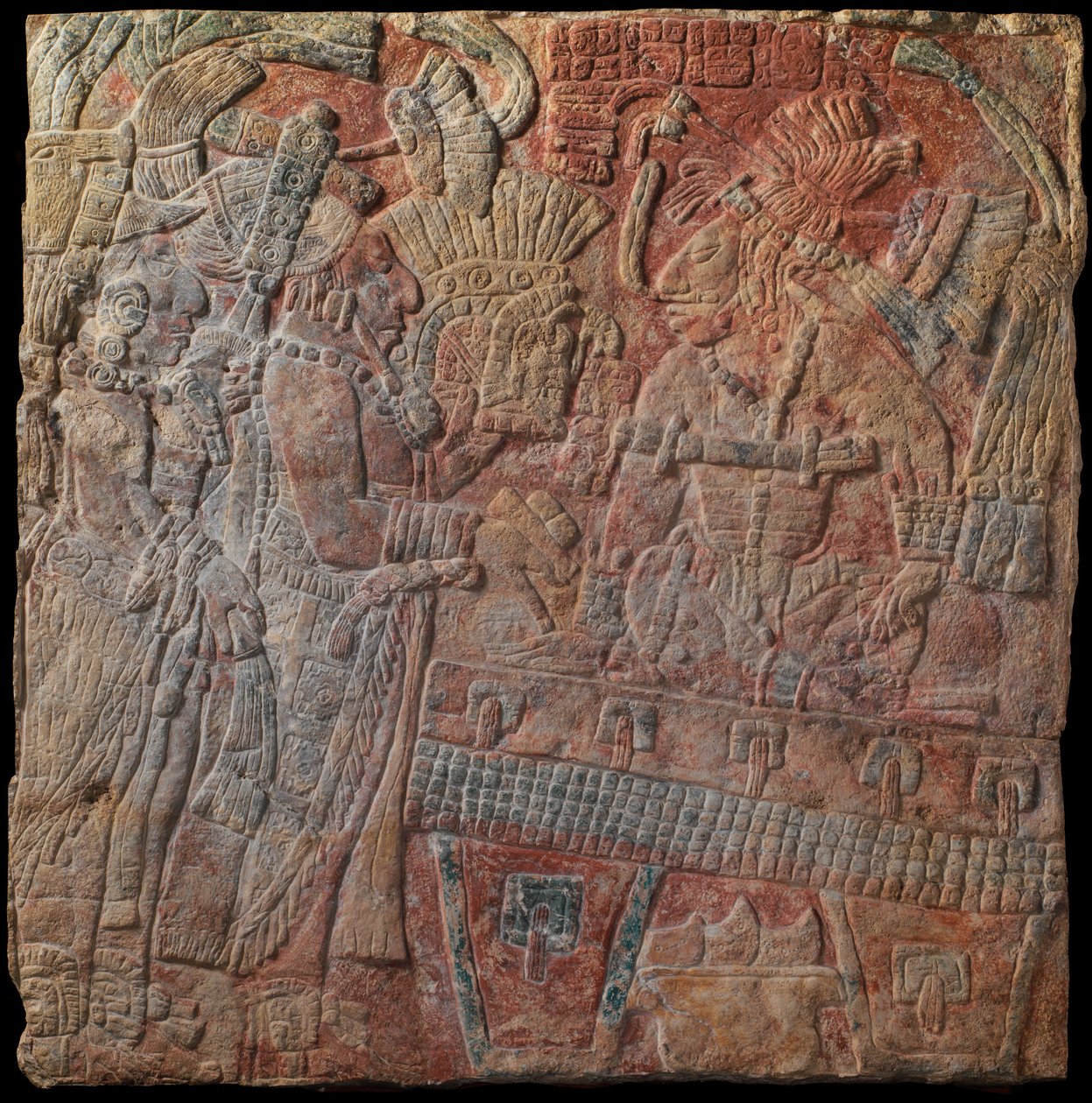 Relief med härskare, c.770 e.Kr. (målad kalksten) av Mayan