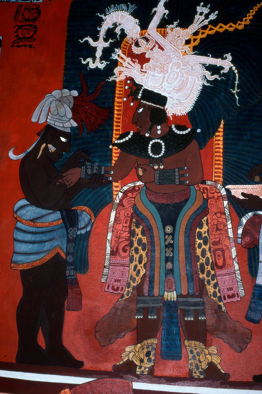 Reproduktion av en väggmålning som visar en tjänare som klär en härskare inför en ceremoni, från Temple of Murals, Bonampak (väggmålning). av Mayan
