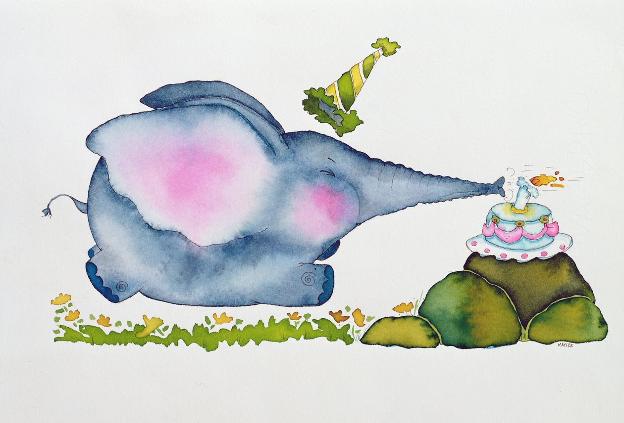 Birthday Elephant, 1998 (wc och bläck på papper) av Maylee Christie