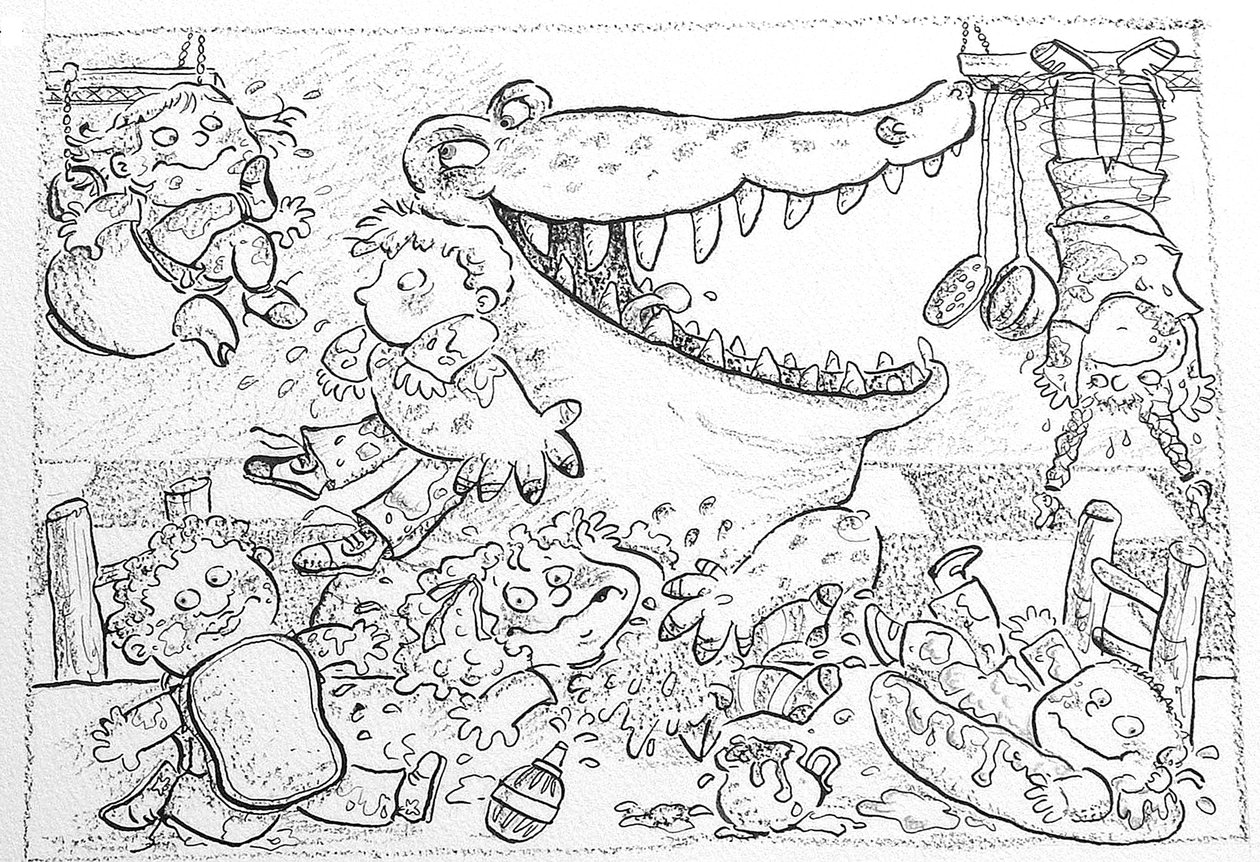 Krokodillunch (bläck & krita på papper) av Maylee Christie