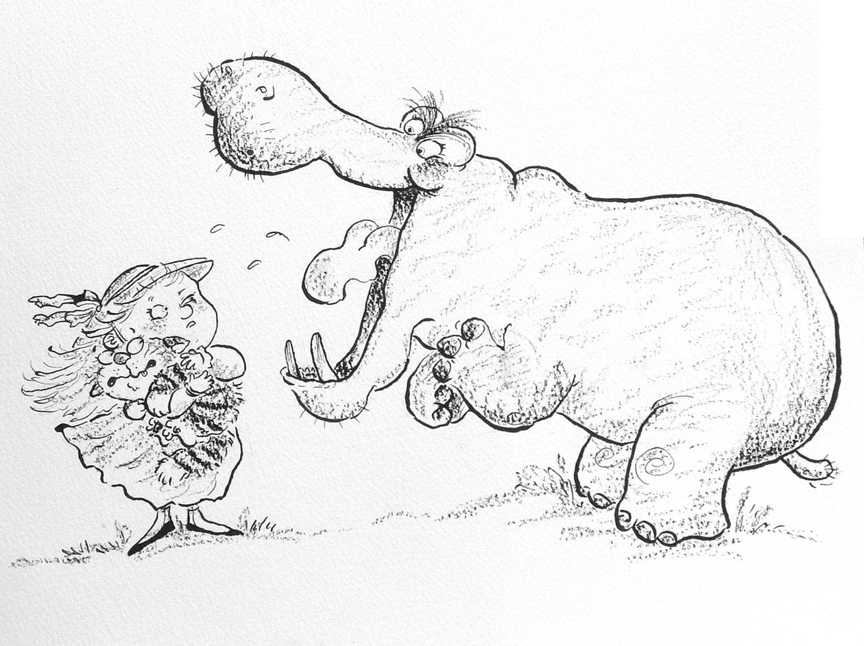 Im Not Scared of You, Mr Hippo (bläck & krita på papper) av Maylee Christie