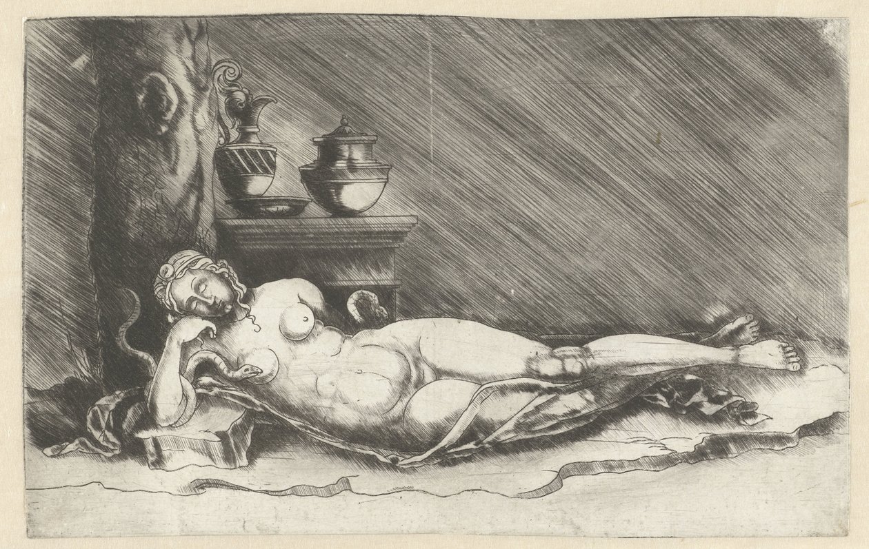 Cleopatras död med orm av Meester van 1515