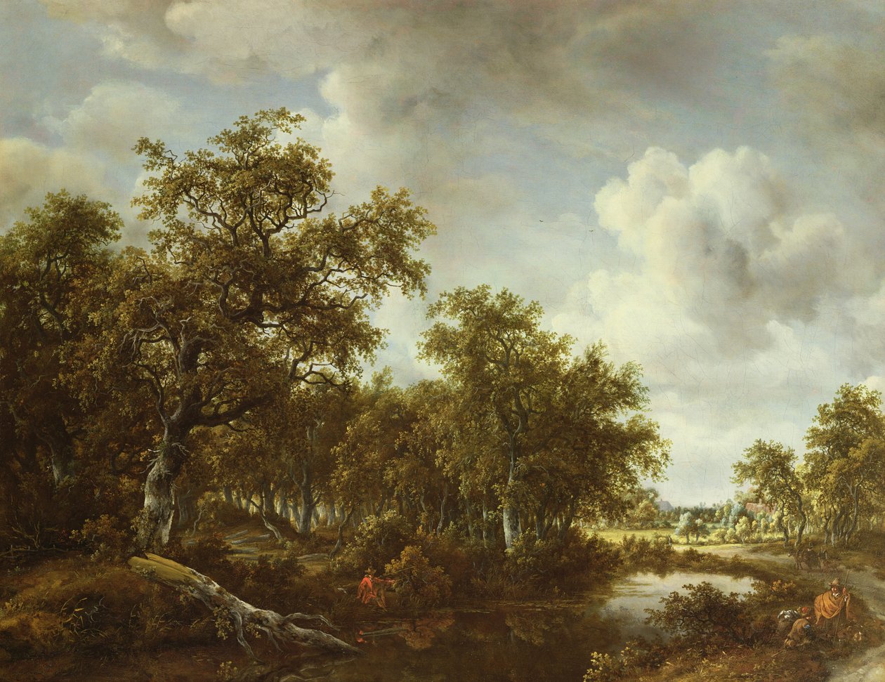 Ett skogslandskap med en fiskare vid en damm, 1664 av Meindert Hobbema