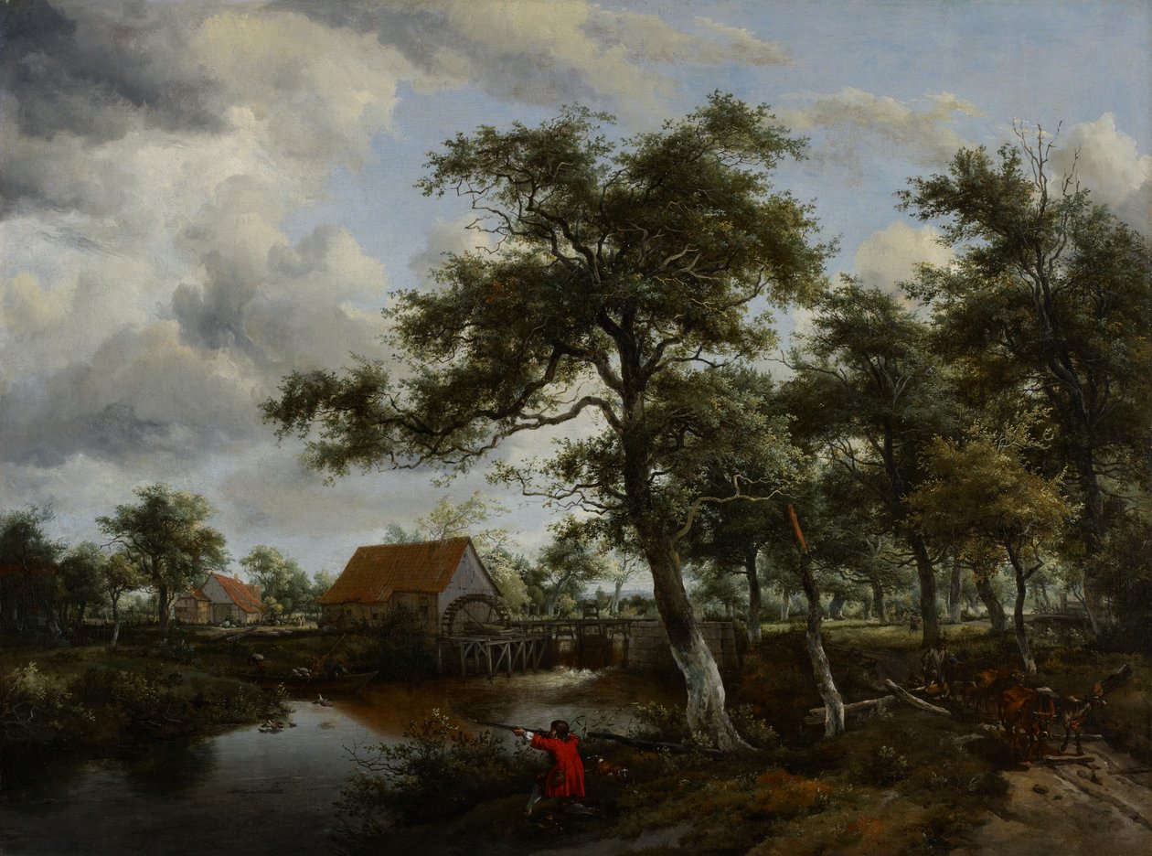 Skogbevuxen landskap med vattenkvarn, c.1665 av Meindert Hobbema