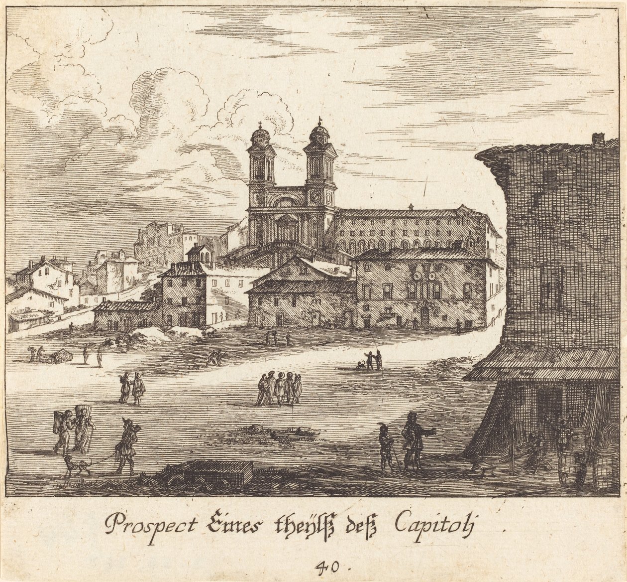 Stadsutsikt av Melchior Küsel after Johann Wilhelm Baur