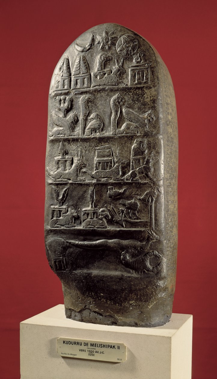 Kudurru av kung Melishikhu II föreställande babyloniska emblem, från Susa (kalcit) av Mesopotamian