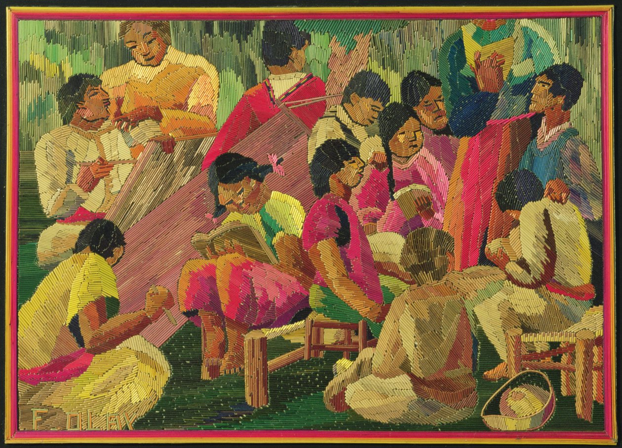Mexikansk byscen (färgad halmmålning) av Mexican School