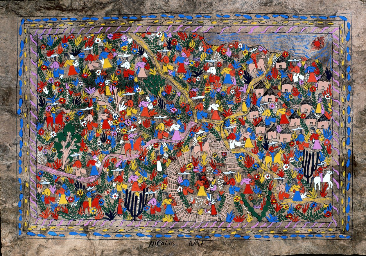 Byscen, Guerrero State, Mexiko (målad bark) av Mexican School