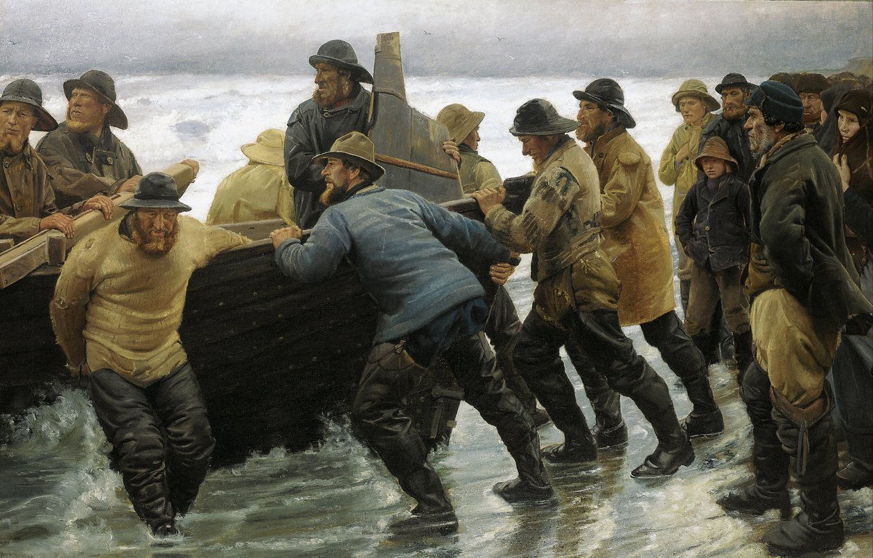Fishermen launching a rowing boat av Michael Peter Ancher