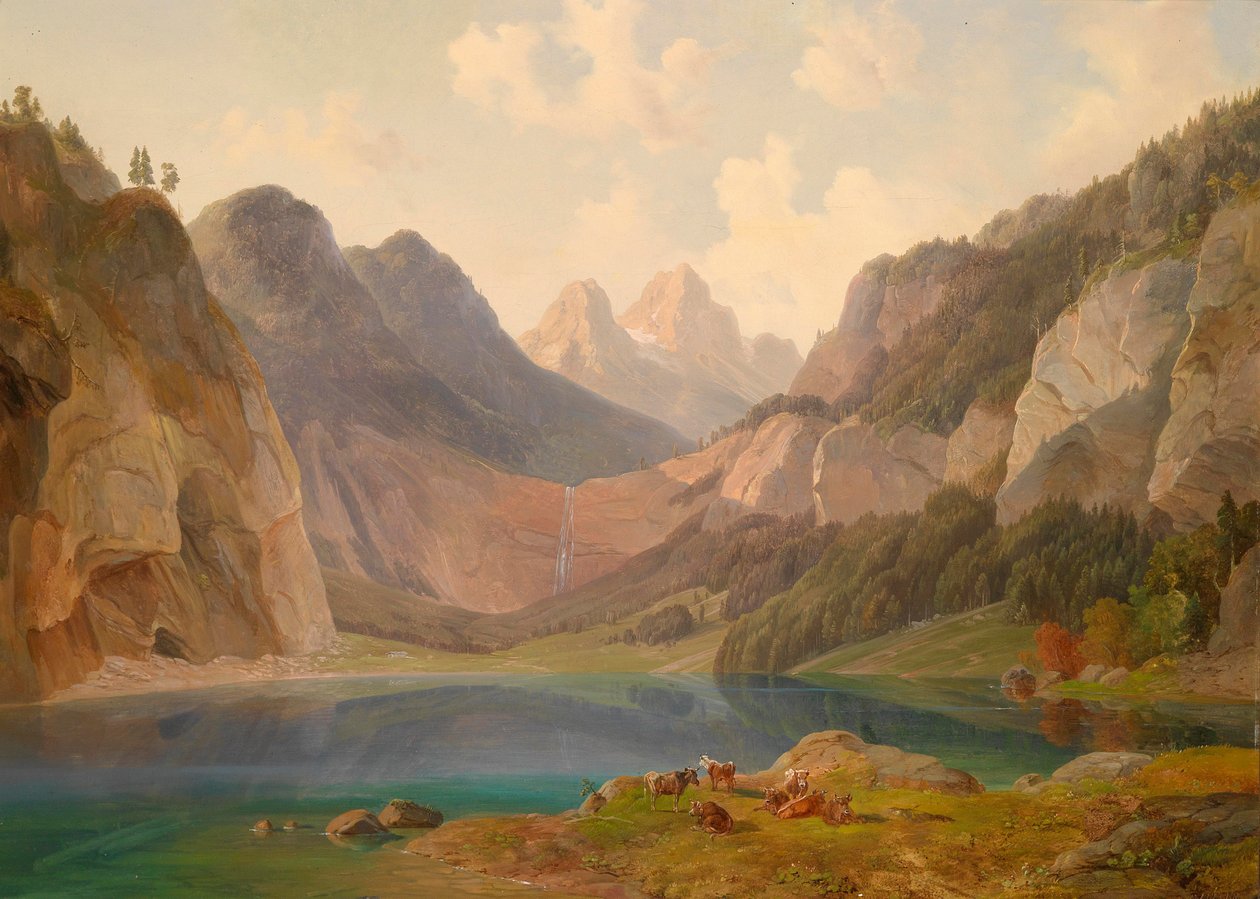 Bergslandskap med vilande flock djur i förgrunden av Michael Lueger