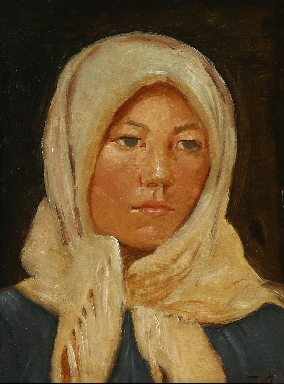 Young woman from Skagen, wearing a scarf. av Michael Peter Ancher