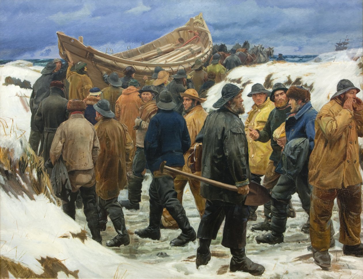Livbåten tas genom sanddynerna av Michael Ancher