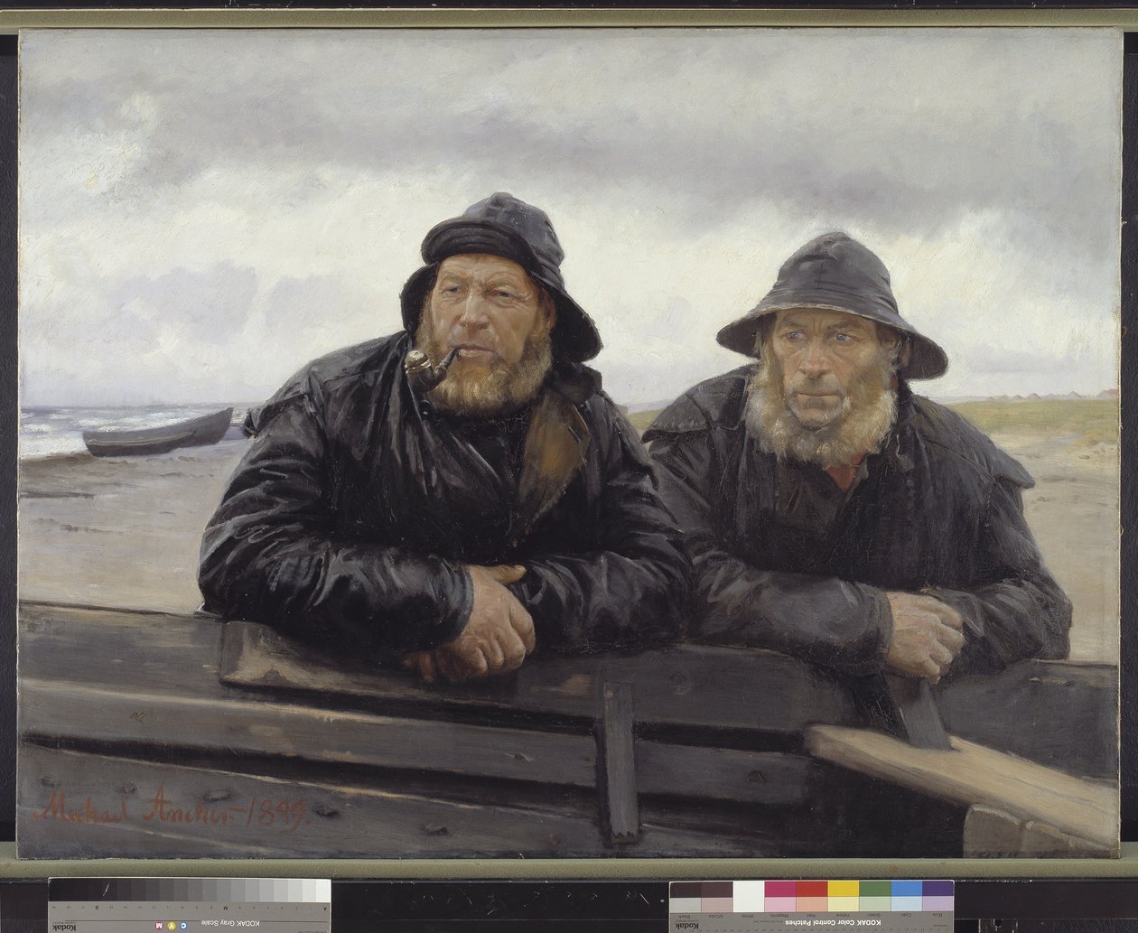 Två fiskare bredvid en båt av Michael Ancher