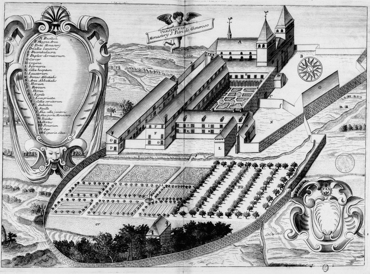 Gravyr från 1600-talet föreställande klostret Saint-Pé-de-Bigorre, i boken Monasticon Gallicanum. av Michel Germain