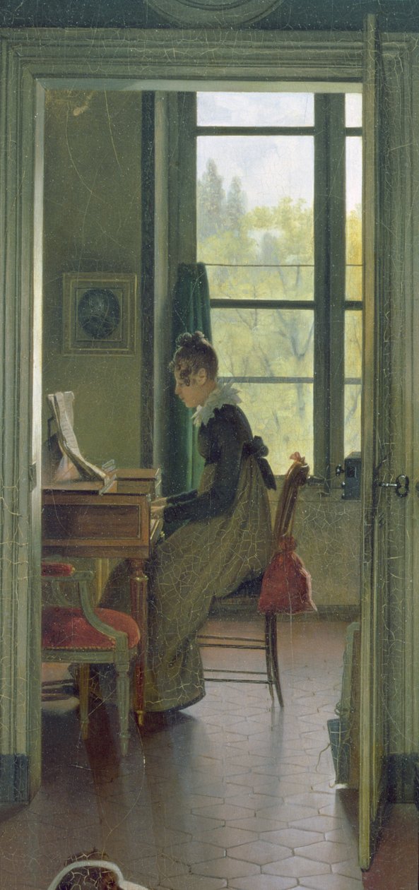 Interiör av en matsal, detalj av en kvinna som spelar piano i nästa rum, 1816 (detalj av 106942) av Michel Martin Drolling