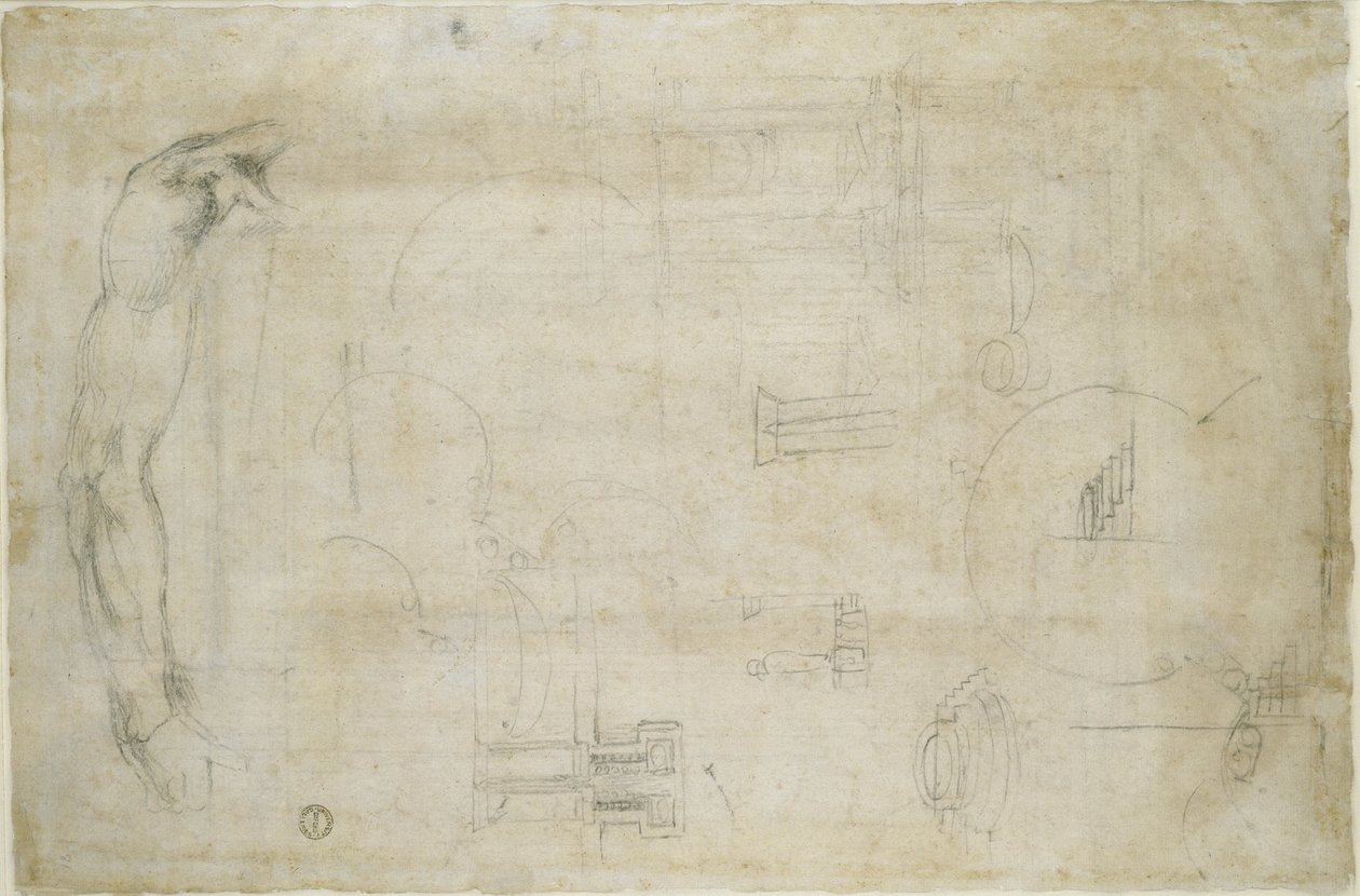 Arkitekturstudier och En mans arm, ca 1538-50 (svart krita på papper) av Michelangelo Buonarroti