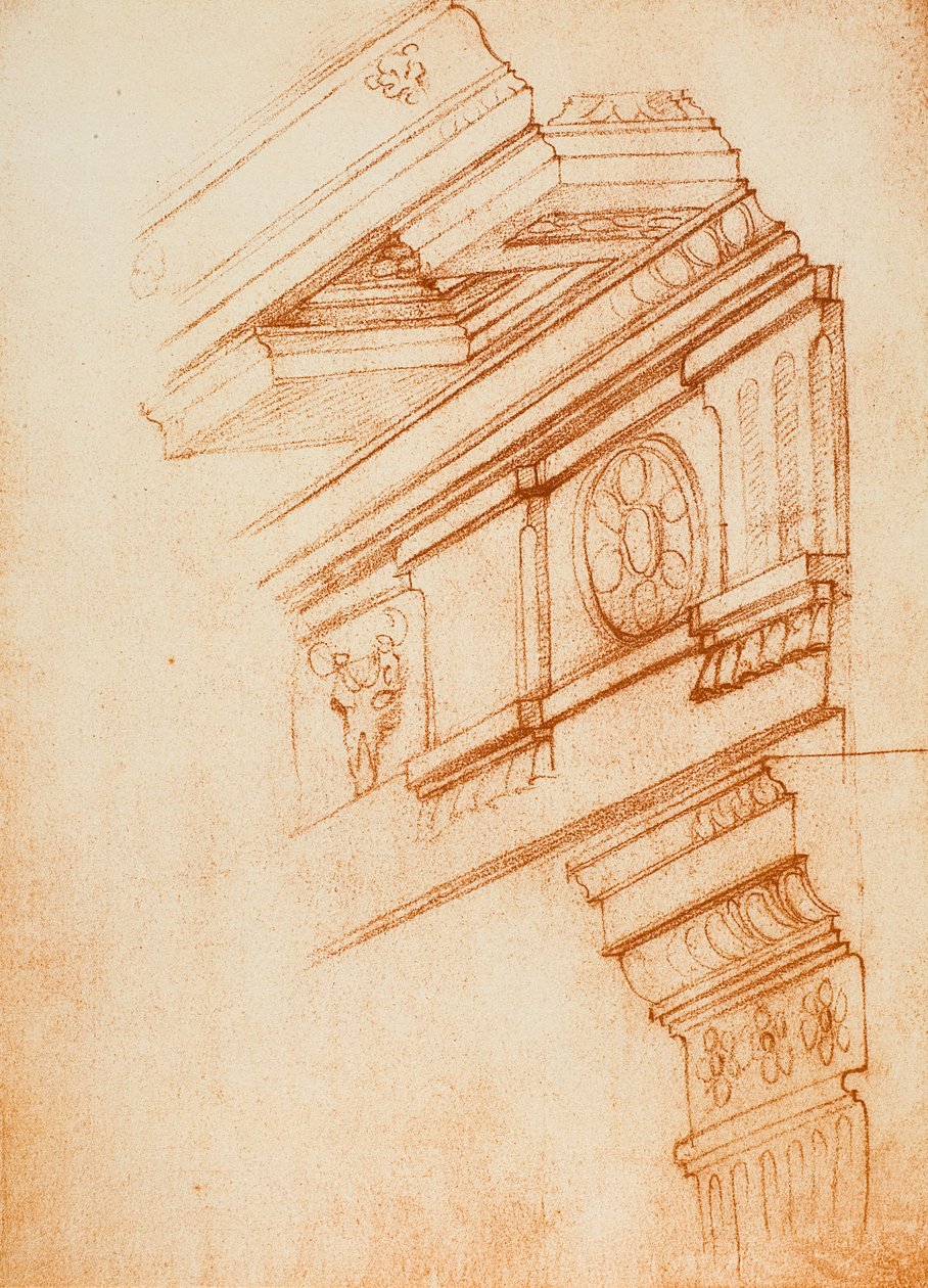Gesimser, entablaturer och kapitäler; teckning av Michelangelo. Casa Buonarroti, Florens av Michelangelo Buonarroti