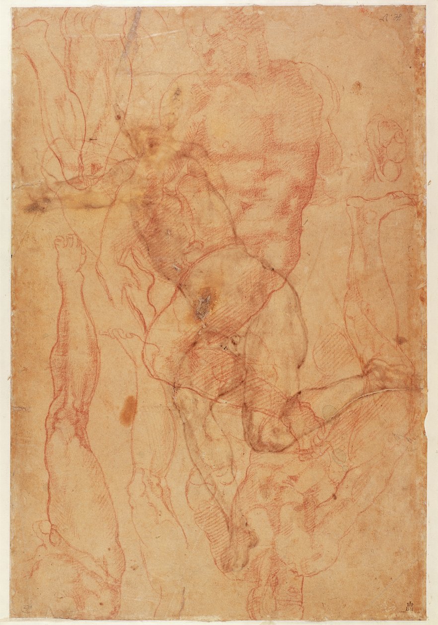 Figurstudie (röd krita på papper) av Michelangelo Buonarroti