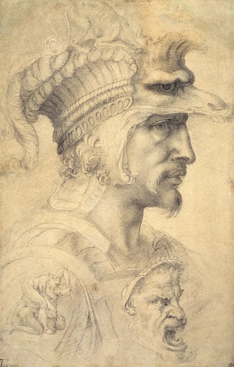 Perfekt huvud för en krigare (svart krita på papper) av Michelangelo Buonarroti