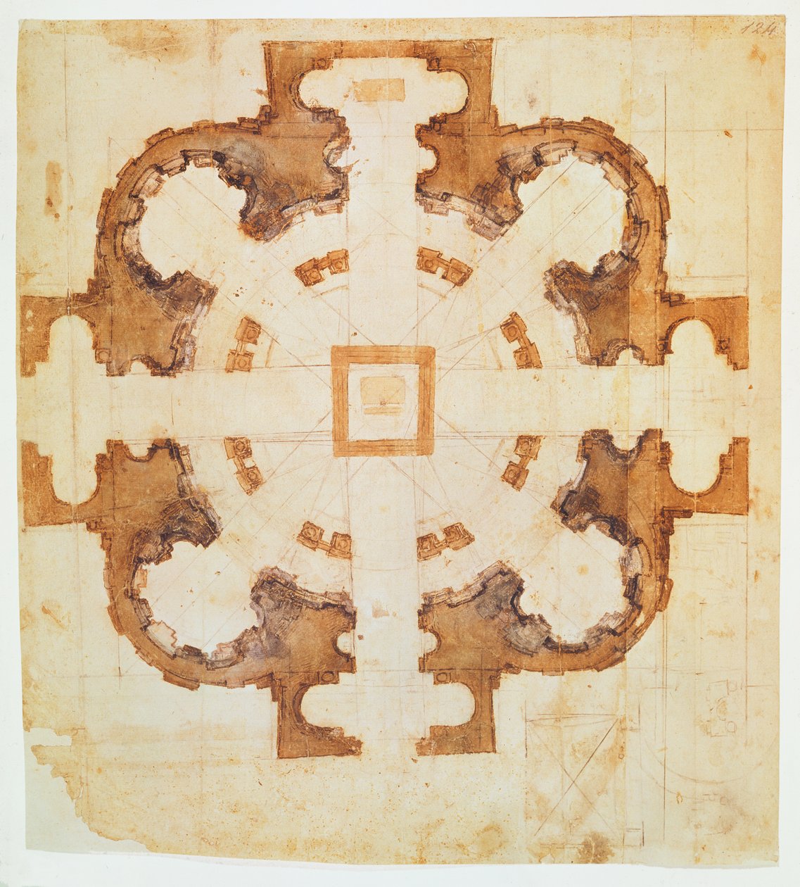 Plan för kyrkan San Giovanni dei Fiorentini, Rom, 1500-talet, (bläck på papper) av Michelangelo Buonarroti